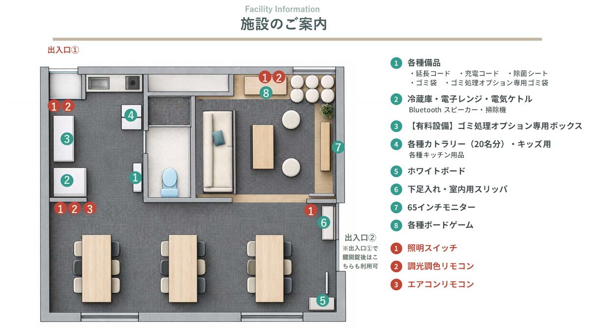 たまりば 西新宿駅前の間取り図(照明スイッチ・調光調色リモコン・エアコンリモコン・備品の位置)