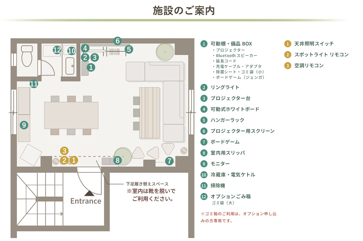 たまりば 半蔵門駅前の間取り図(照明スイッチ・リモコン・備品の位置)