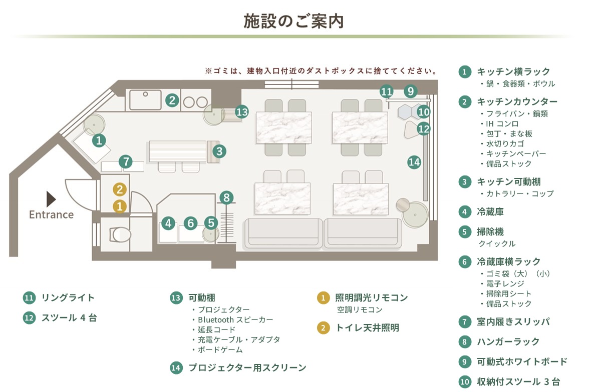 たまりば 関内馬車道 Forestの間取り図(照明スイッチ・リモコン・備品の位置)