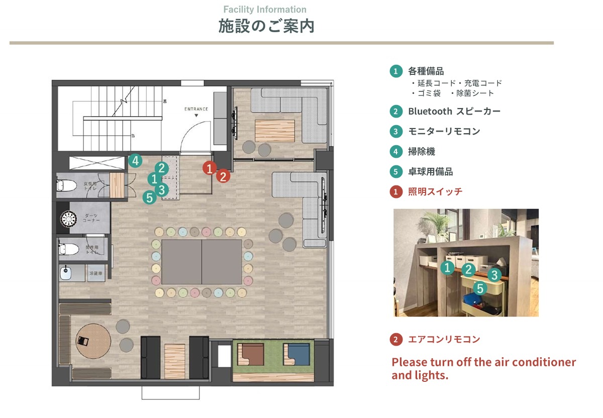 たまりば 日本橋浜町駅前の間取り図(照明スイッチ・リモコン・備品の位置)