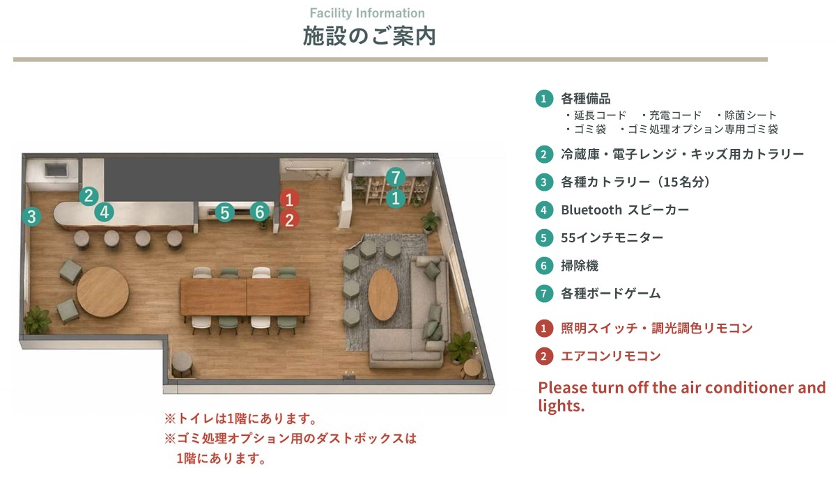 たまりば 渋谷神泉駅前の間取り図(照明スイッチ・リモコン・備品の位置)