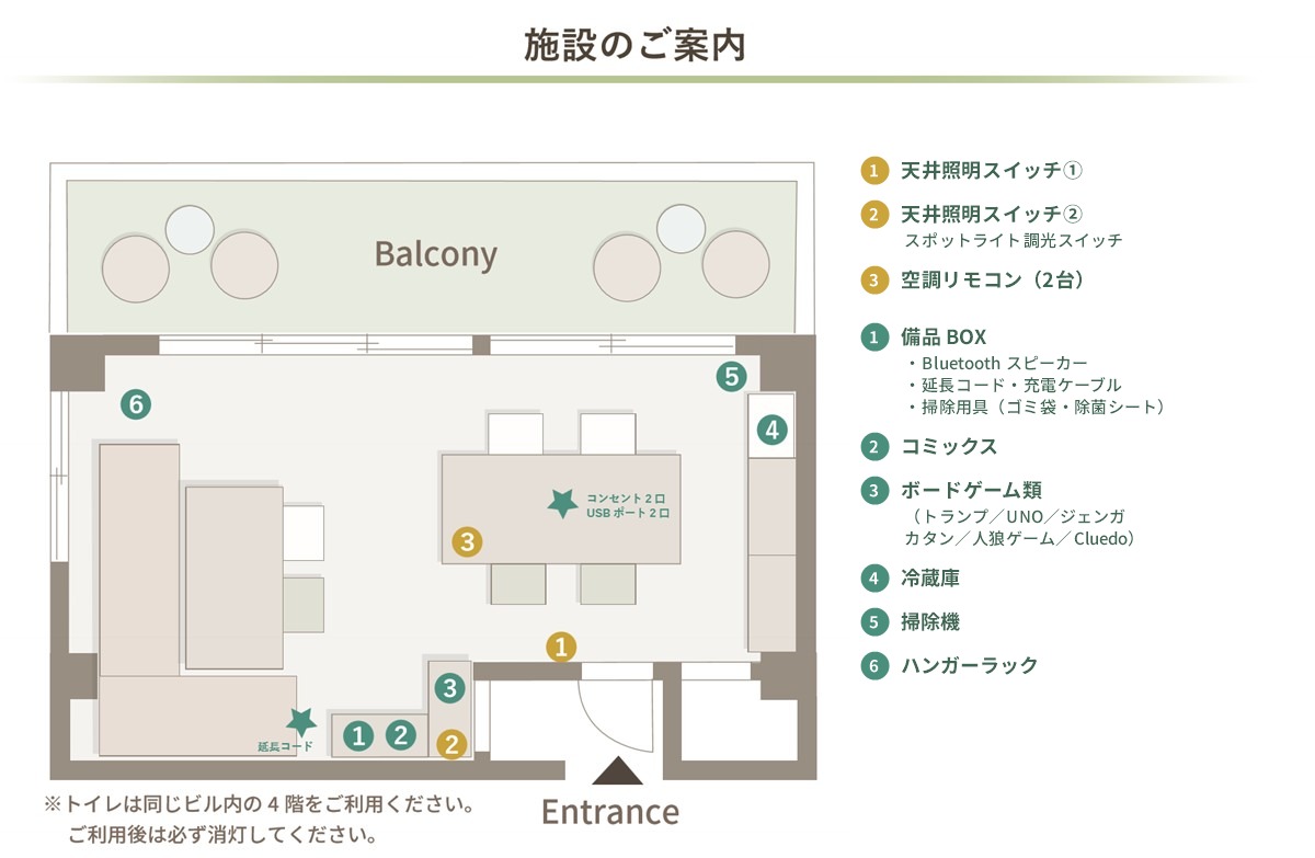 たまりば 新橋虎ノ門 ParkFrontの間取り図(照明スイッチ・リモコン・備品の位置)