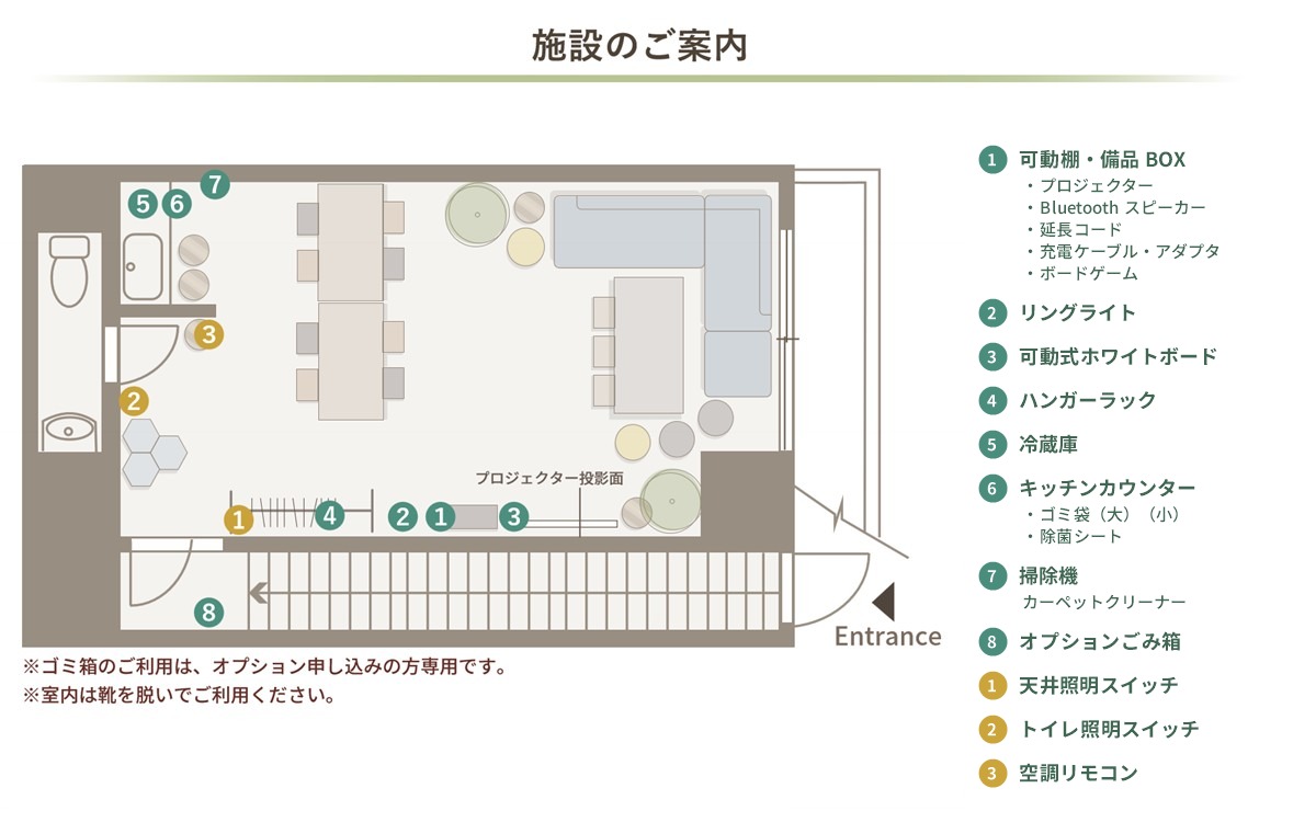 たまりば 日本橋水天宮前の間取り図(照明スイッチ・リモコン・備品の位置)